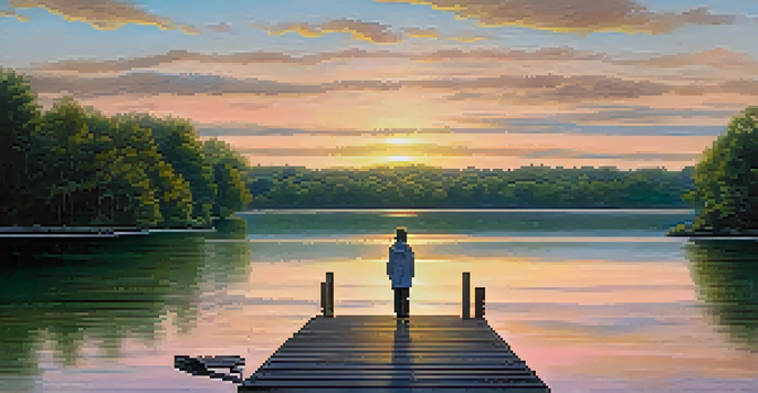 A person sitting on a dock by a peaceful lake at sunrise, surrounded by nature, representing self-reflection and authenticity.