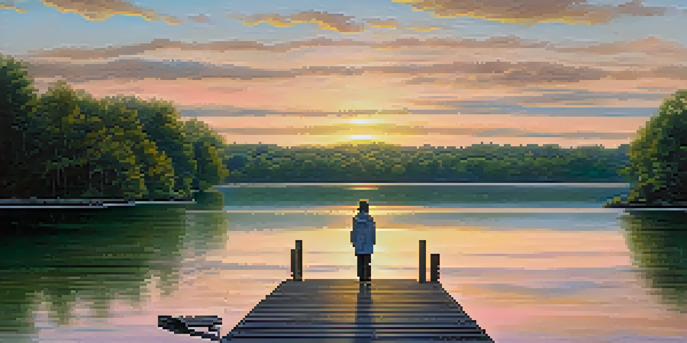 A person sitting on a dock by a peaceful lake at sunrise, surrounded by nature, representing self-reflection and authenticity.