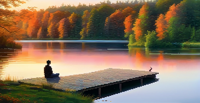 A peaceful lakeside at sunset with a dock and a person sitting at the end, surrounded by trees.