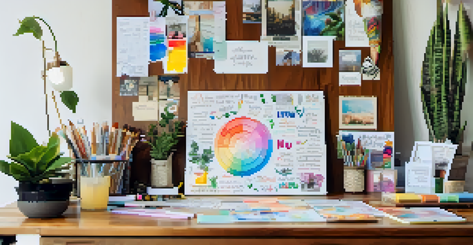 A vision board with colorful images and quotes on a wooden desk, surrounded by art supplies and a plant in soft natural light.
