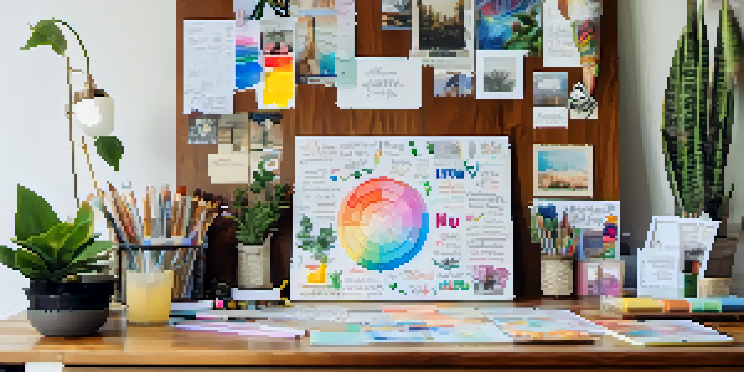 A vision board with colorful images and quotes on a wooden desk, surrounded by art supplies and a plant in soft natural light.
