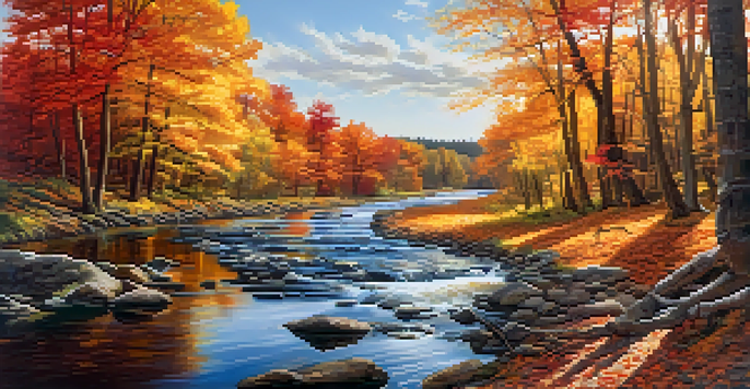 A winding river flowing through a vibrant autumn forest with colorful trees and sunlight filtering through.