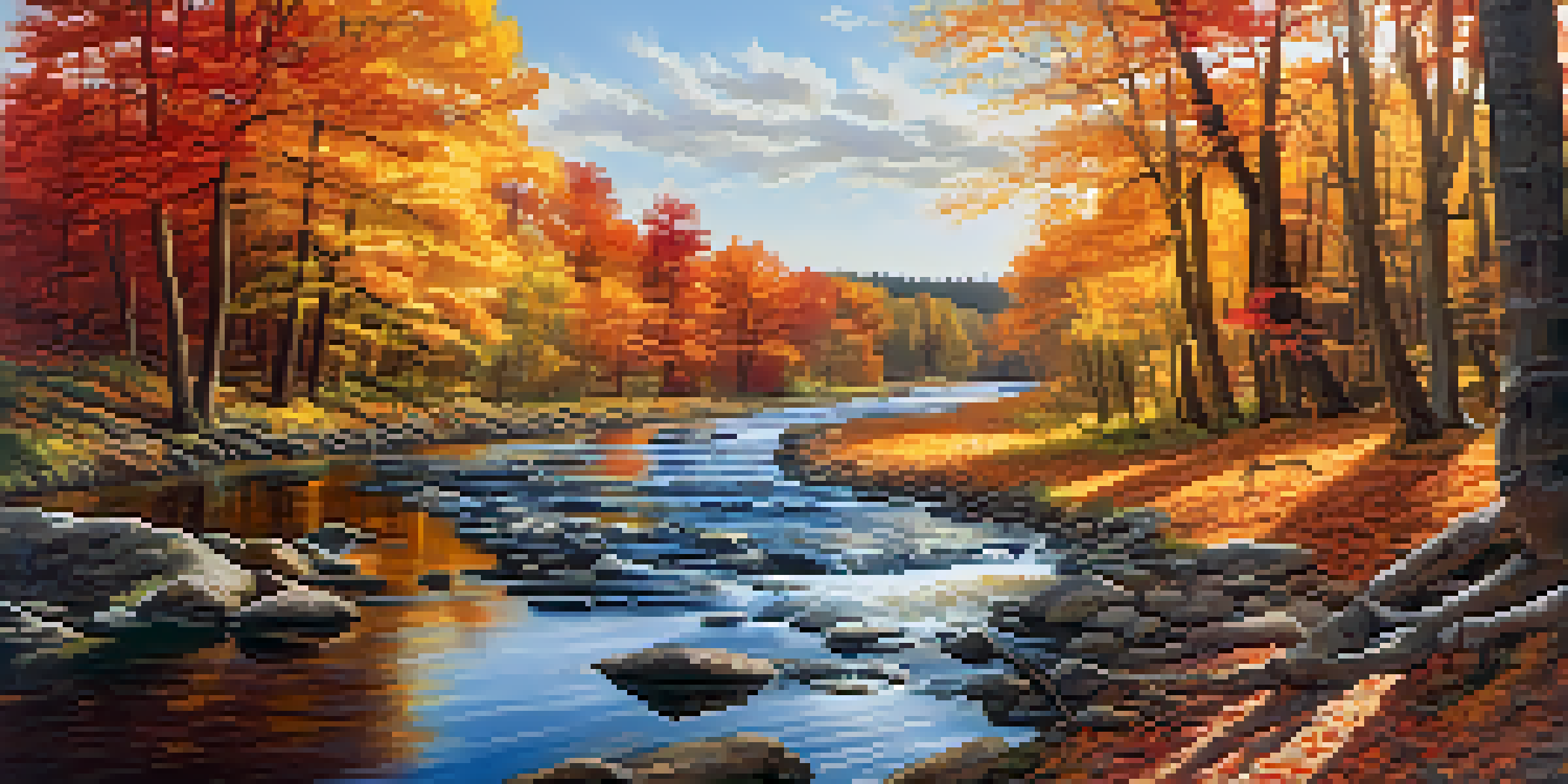 A winding river flowing through a vibrant autumn forest with colorful trees and sunlight filtering through.