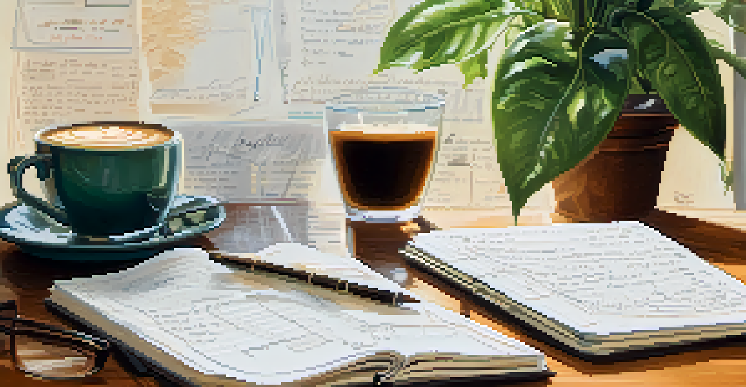 An open notebook with handwritten notes and a cup of coffee beside it.