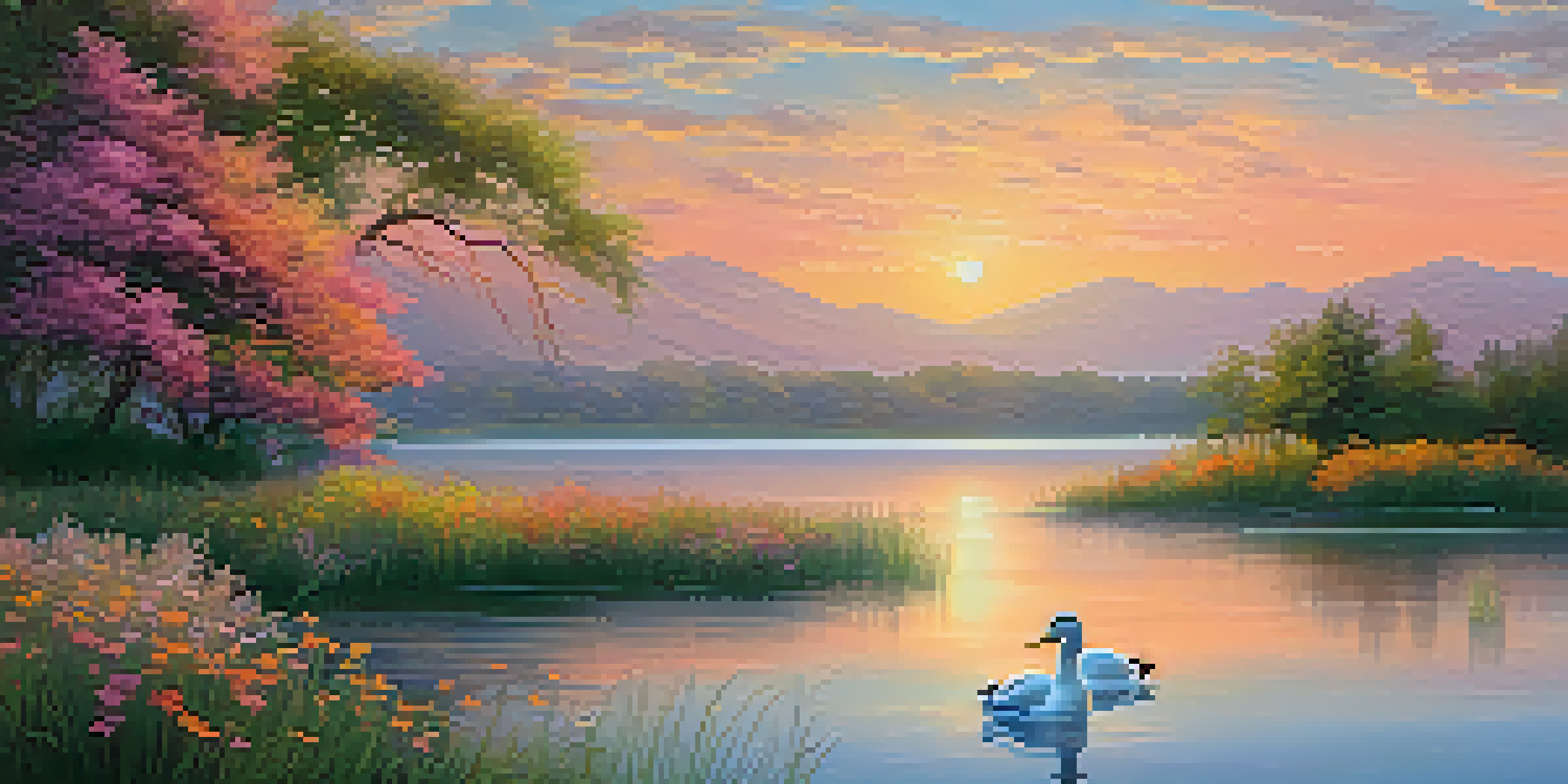 A peaceful sunrise over a lake with vibrant wildflowers and ducks gliding on the water.