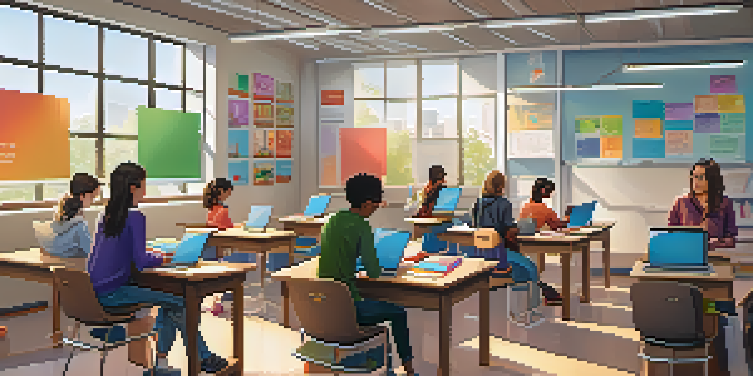 A vibrant classroom scene with students using laptops and tablets, a teacher interacting with them, and educational posters on the walls.