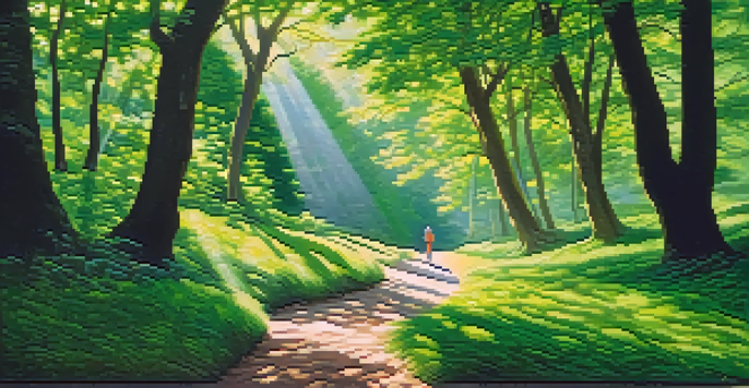A peaceful forest landscape with a winding path and a person walking, symbolizing personal growth and exploration.