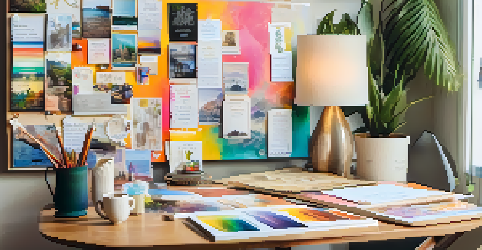 A colorful vision board with affirmations and quotes in a bright workspace.