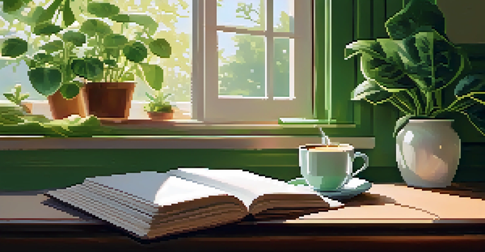 A cozy kitchen in the morning with sunlight, a steaming cup of coffee, a journal, and green plants.