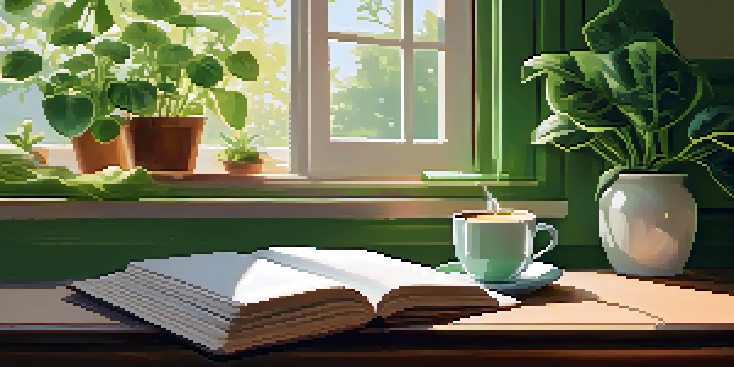 A cozy kitchen in the morning with sunlight, a steaming cup of coffee, a journal, and green plants.