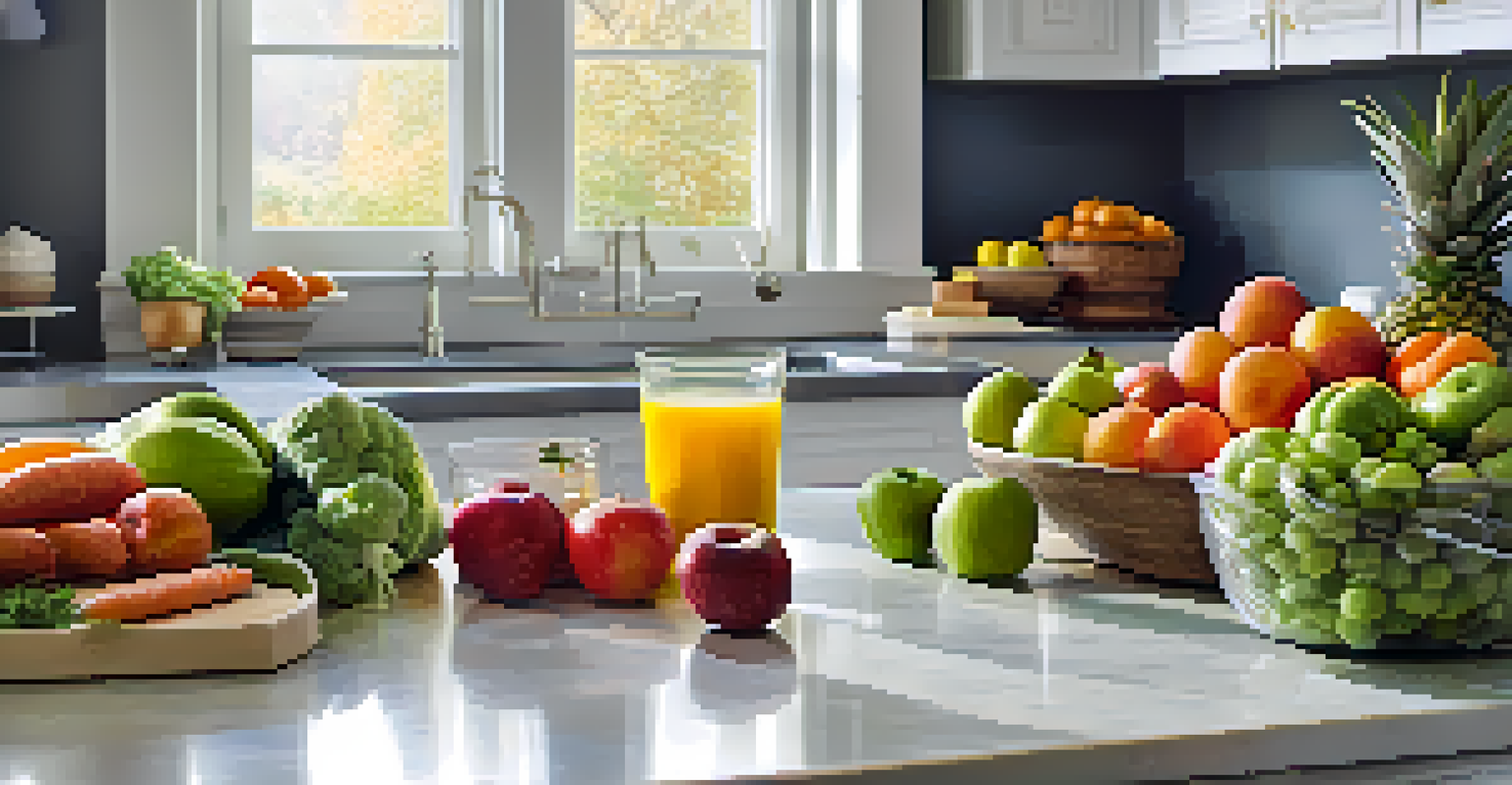 A bright kitchen counter filled with fresh fruits and vegetables, along with a recipe card, promoting a healthy eating lifestyle.