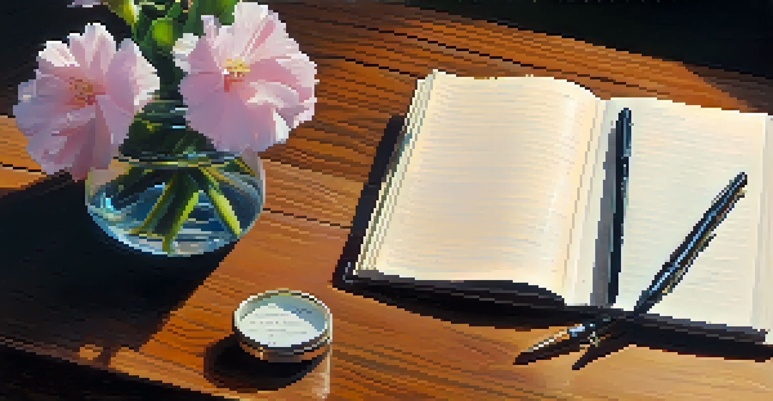 A close-up of an open journal with written intentions and a vase of flowers on a wooden table in soft morning light.