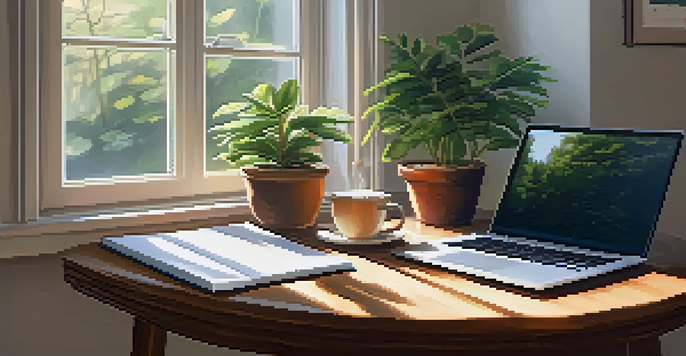 A wooden desk with a laptop, notepad, and coffee cup, illuminated by natural light from a window, creating a serene workspace.