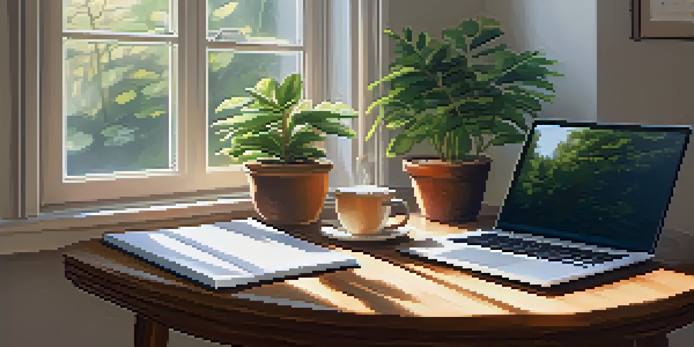 A wooden desk with a laptop, notepad, and coffee cup, illuminated by natural light from a window, creating a serene workspace.
