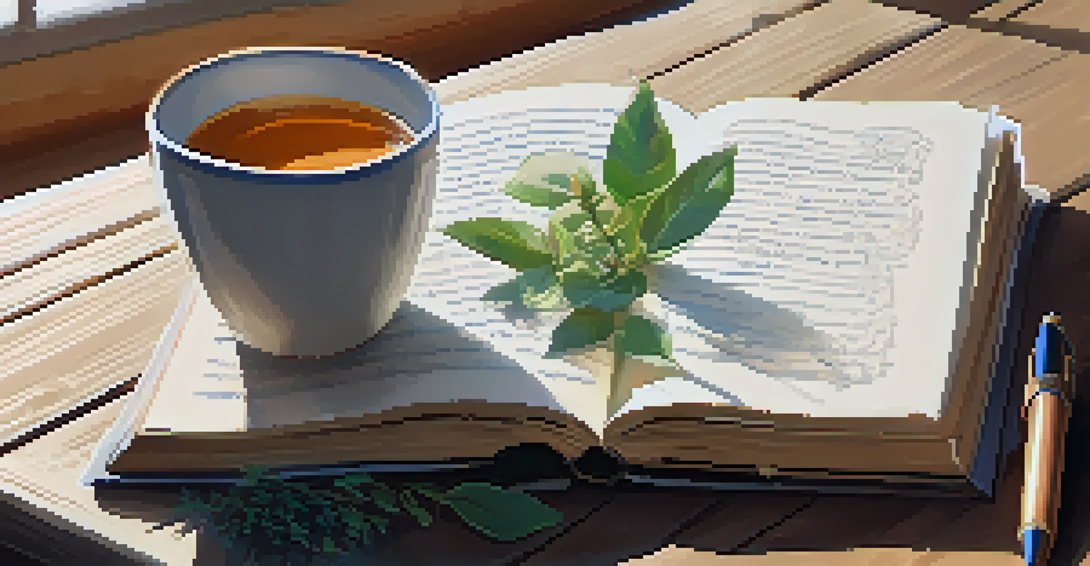 An open journal with handwritten notes about personal growth, accompanied by a cup of tea and a small plant on a wooden table.