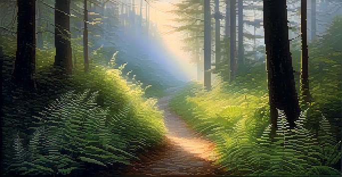 A foggy forest path with soft sunlight filtering through the trees, surrounded by ferns and wildflowers.