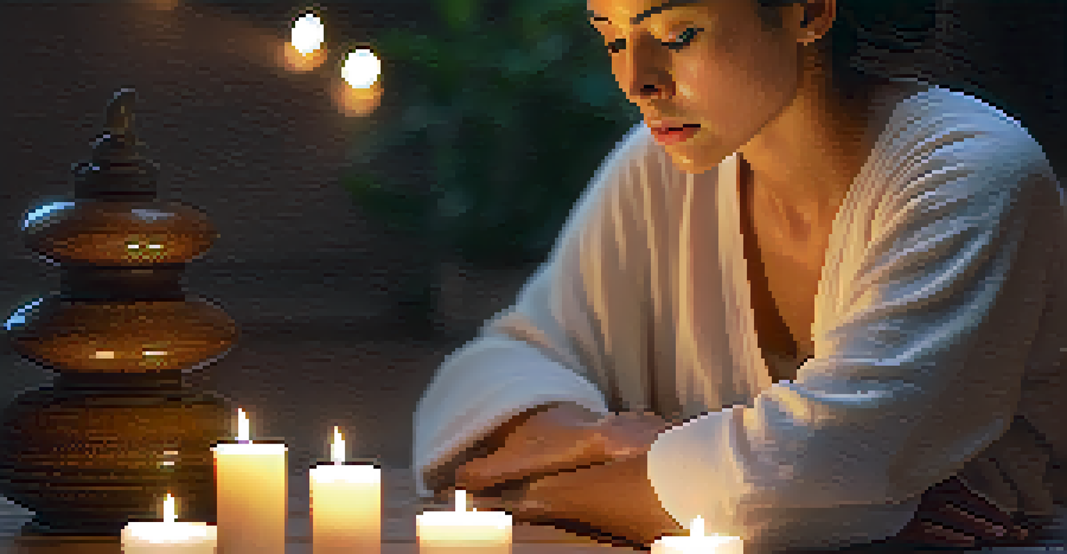 A person meditating with a calm expression, surrounded by candles and soft fabrics in a tranquil setting.