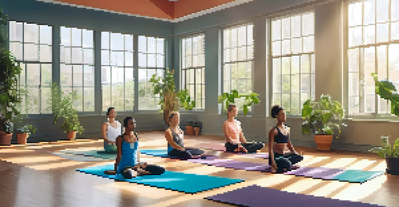 A yoga class with diverse individuals practicing Downward Dog in a bright studio.