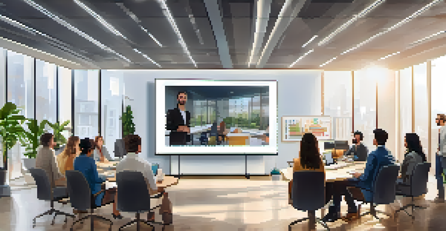 A confident person presenting in an office with colleagues engaged and smiling, showcasing a successful project on a screen.
