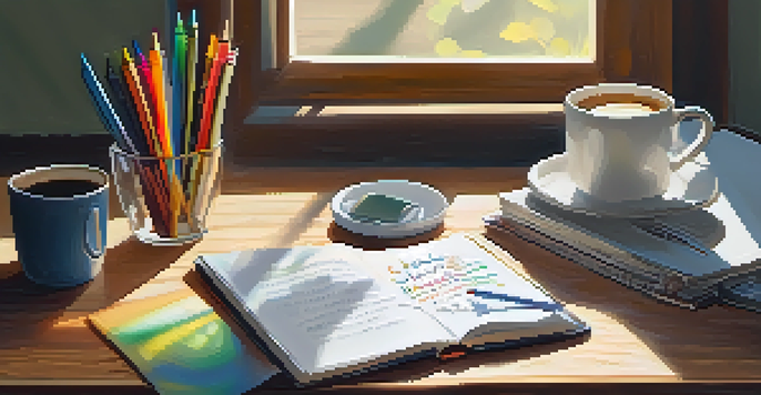 A cozy workspace with a wooden desk, an open notebook, colorful pens, and a cup of coffee, illuminated by sunlight from a window.