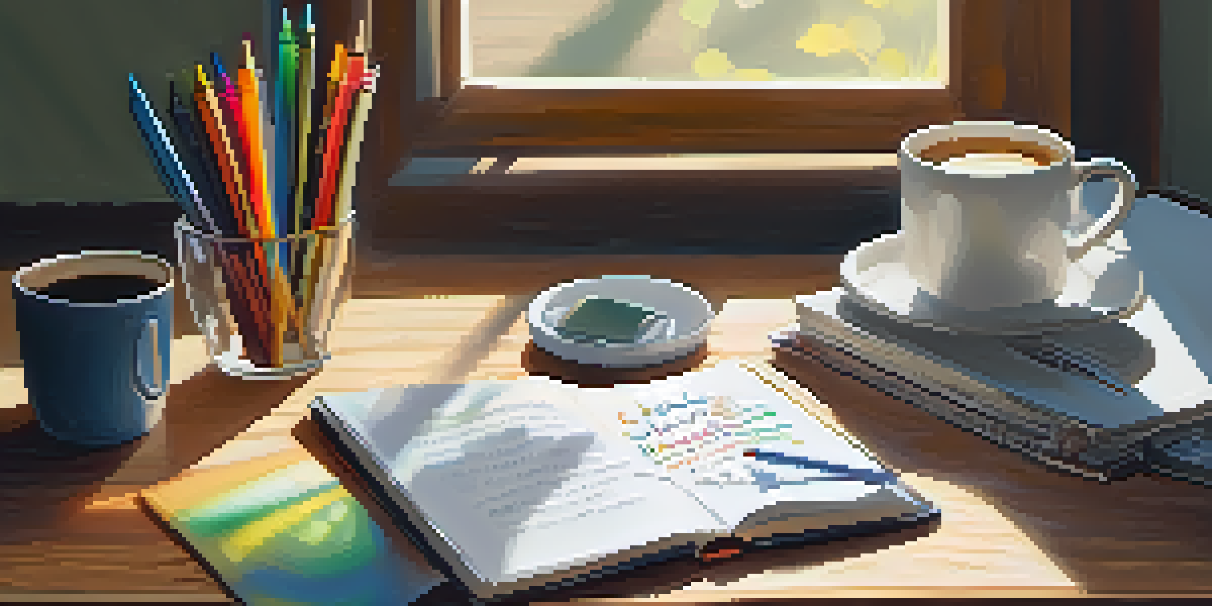 A cozy workspace with a wooden desk, an open notebook, colorful pens, and a cup of coffee, illuminated by sunlight from a window.
