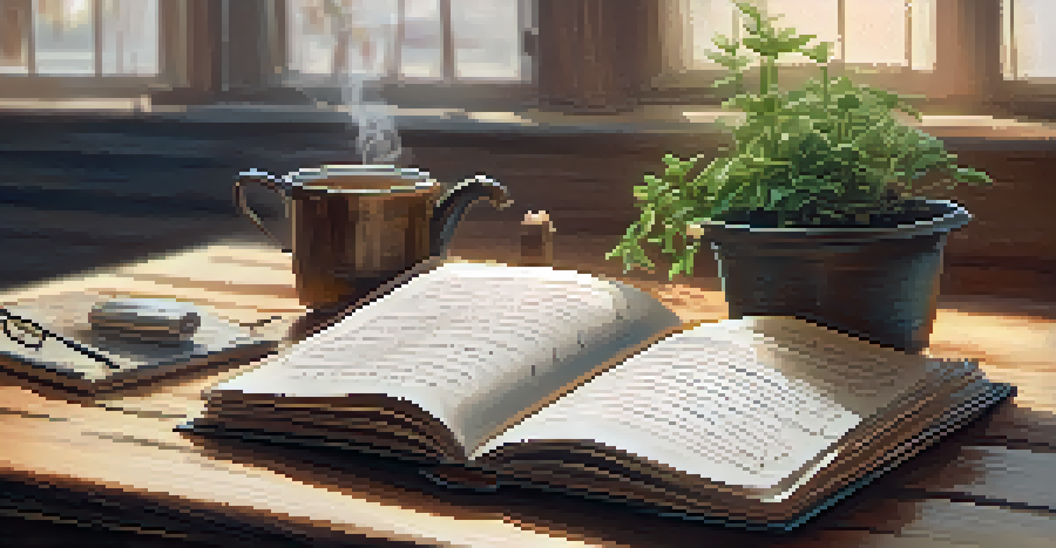 An open journal with handwritten notes and sketches on a wooden table, accompanied by a steaming cup of tea and a potted plant.