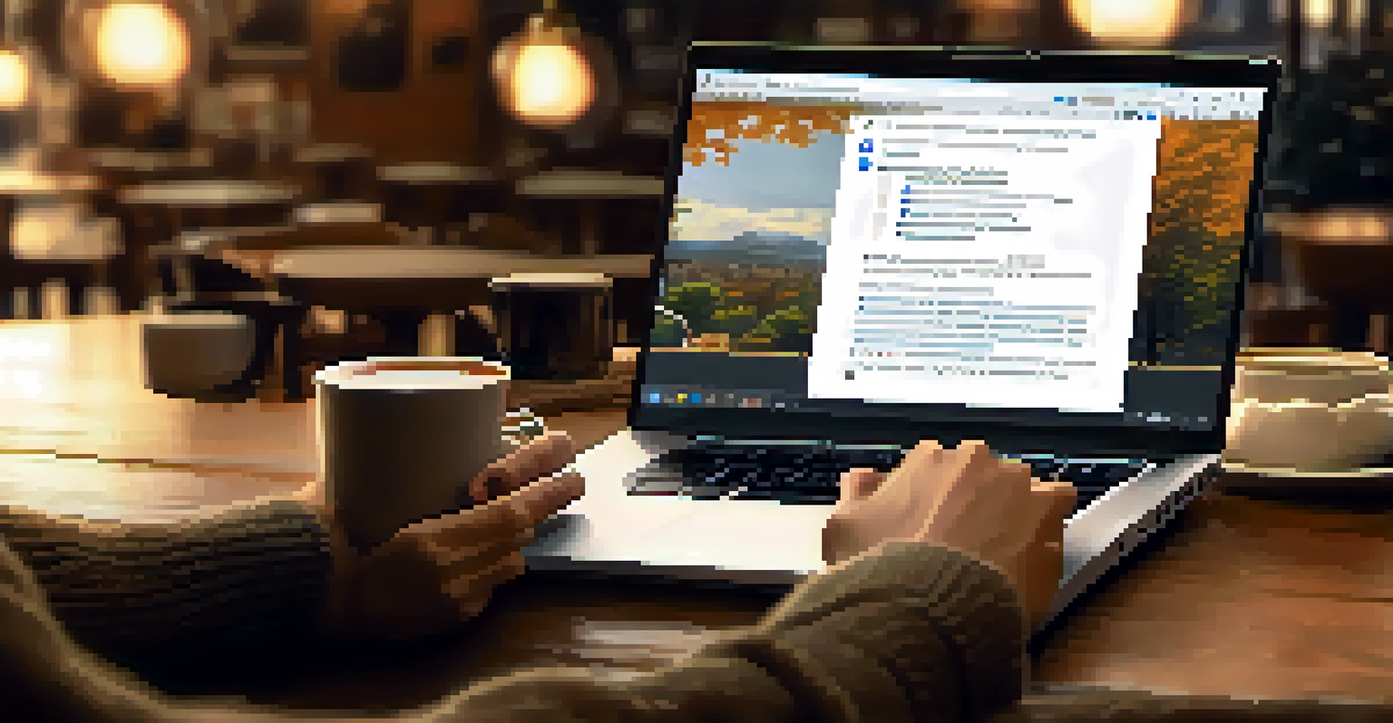 A close-up of hands typing on a laptop in a cozy café, with a notepad and a cup of tea, showing social media engagement on the screen.