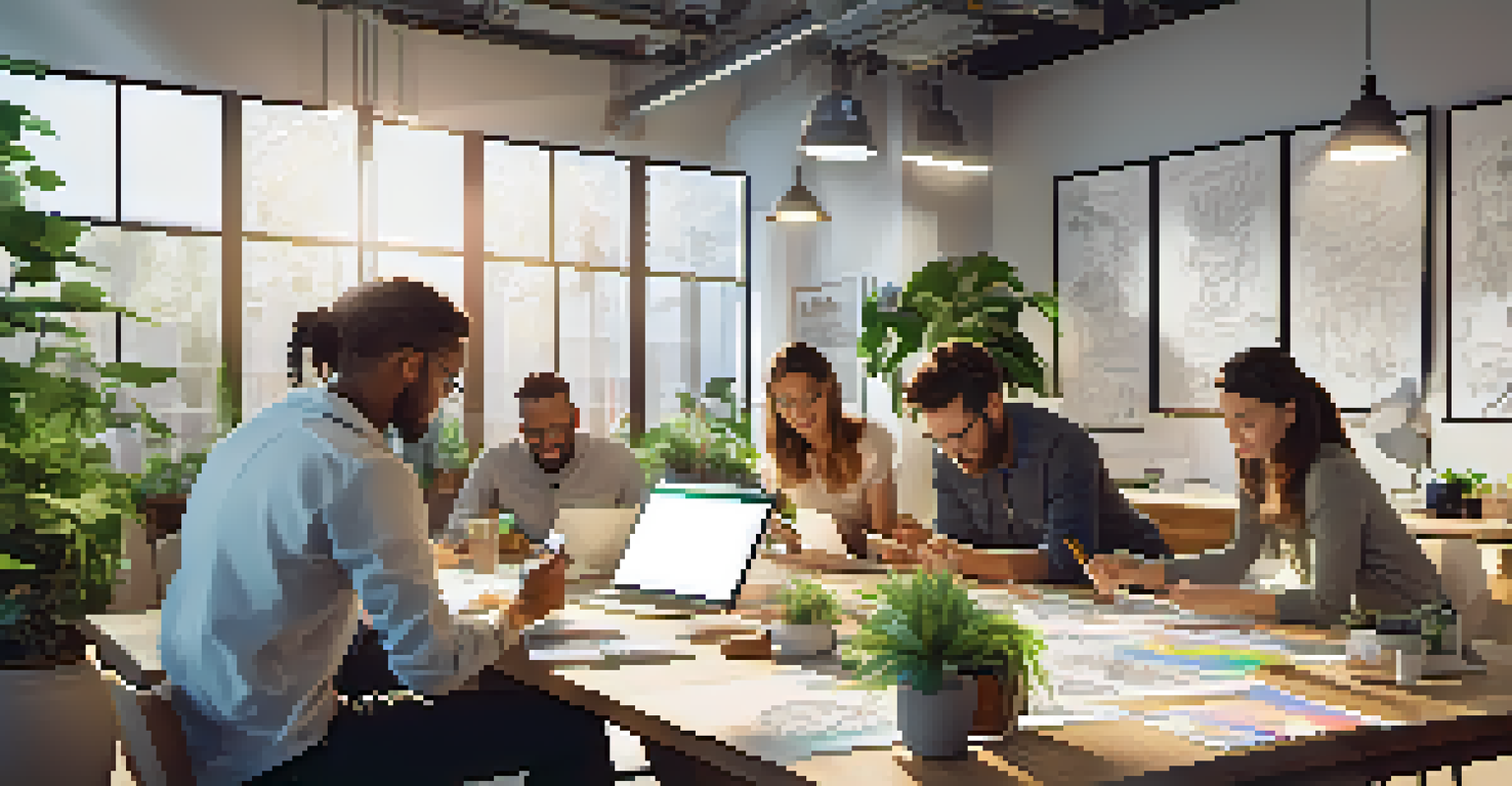 A diverse team brainstorming ideas around a table, surrounded by sketches and digital devices in a bright room.