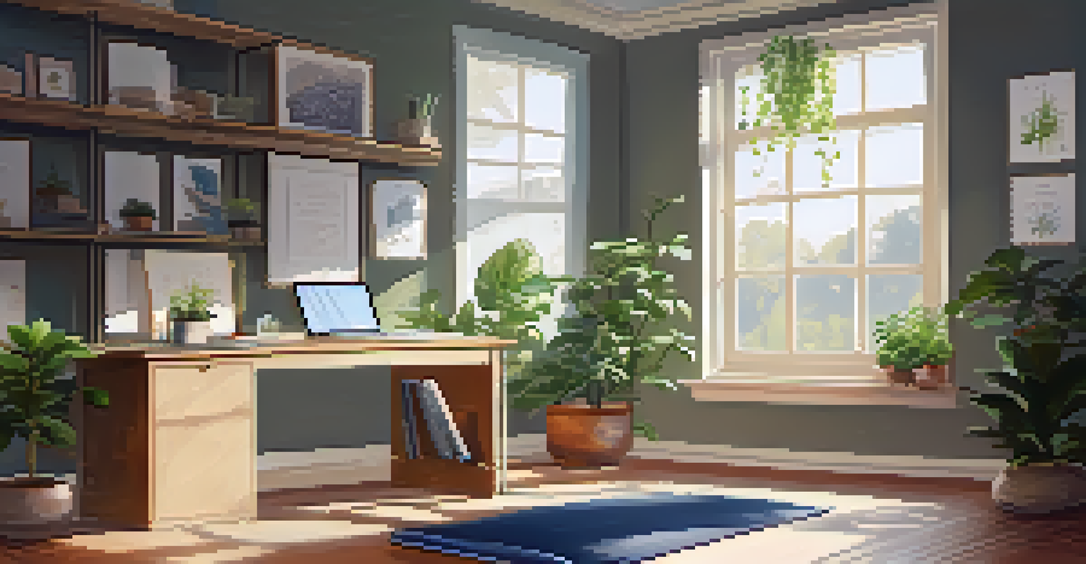 A cozy workspace with a desk, a plant, a cup of tea, and a yoga mat, bathed in natural light, promoting mindfulness.