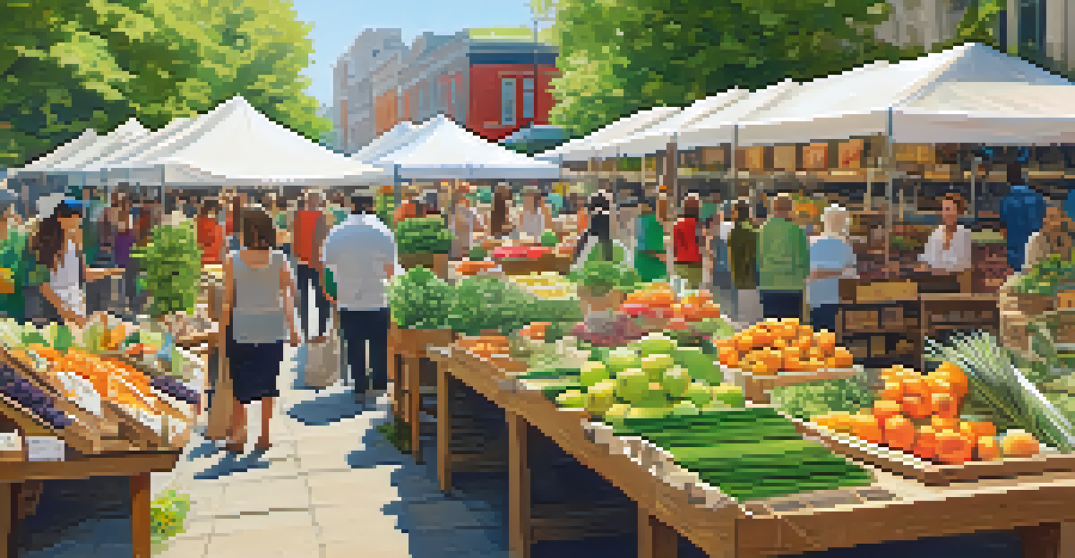An outdoor market showcasing eco-friendly products, with shoppers browsing through colorful stalls and greenery all around.