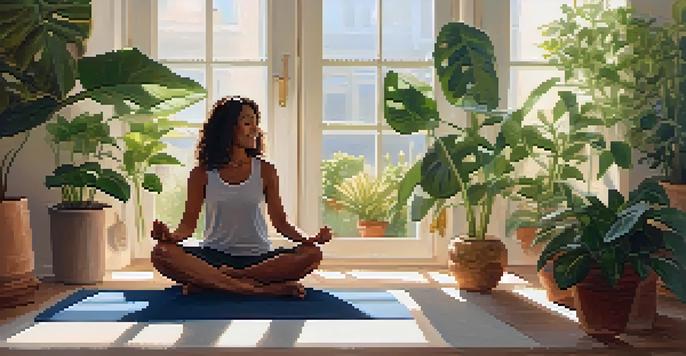 A person meditating on a yoga mat in a bright room filled with plants, smiling and surrounded by soft pillows, with sunlight streaming through the window.