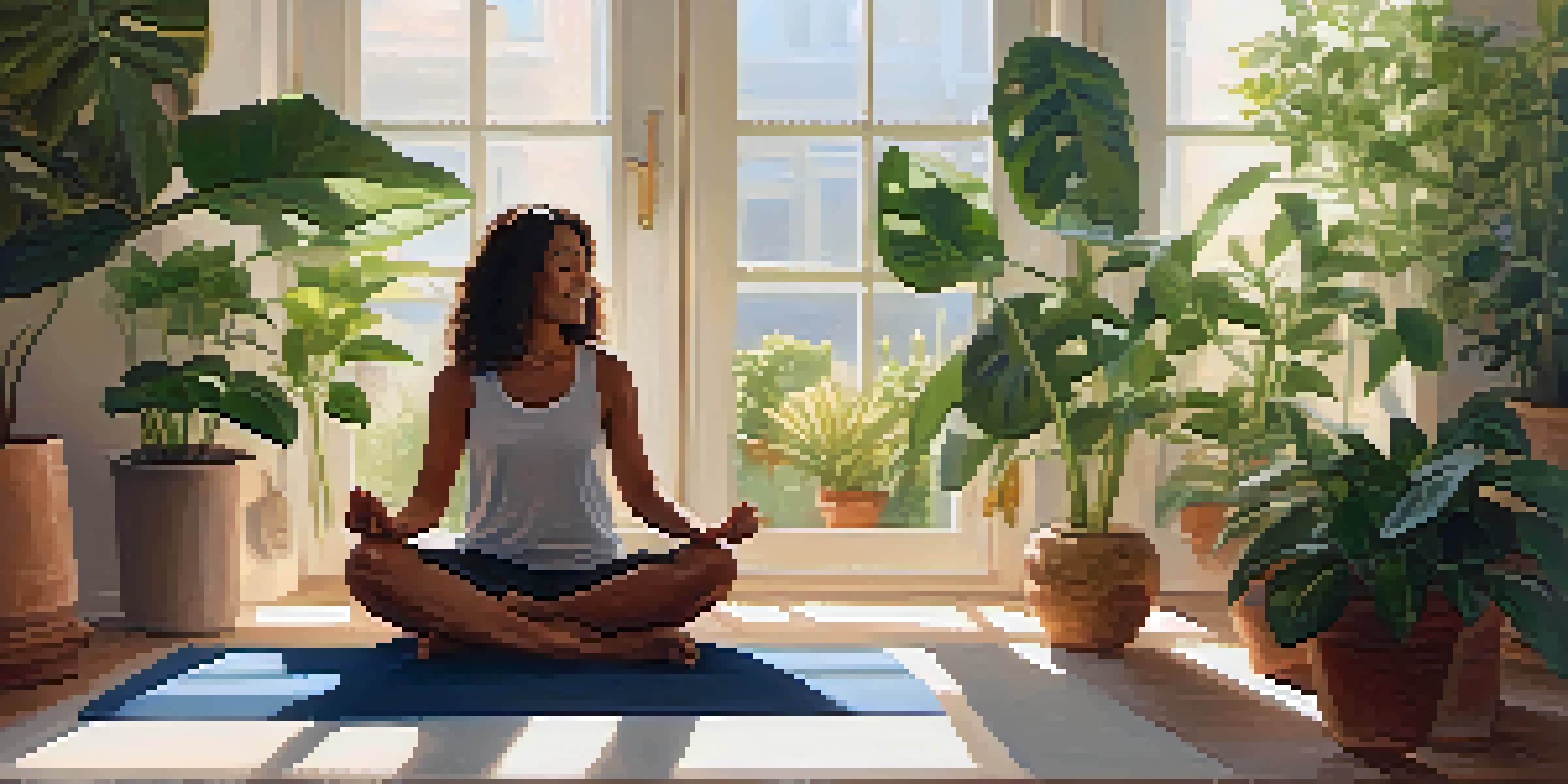 A person meditating on a yoga mat in a bright room filled with plants, smiling and surrounded by soft pillows, with sunlight streaming through the window.