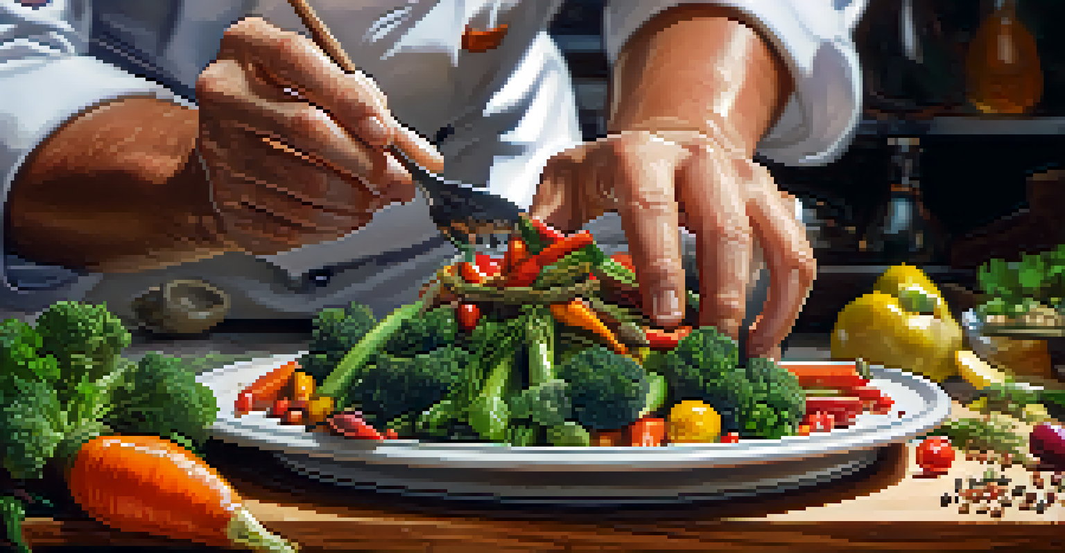 A close-up of a chef's hands preparing a colorful dish with fresh vegetables and herbs.