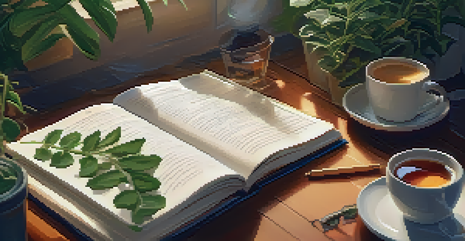 A close-up of a person writing in a journal surrounded by plants and a cup of tea in a cozy workspace.