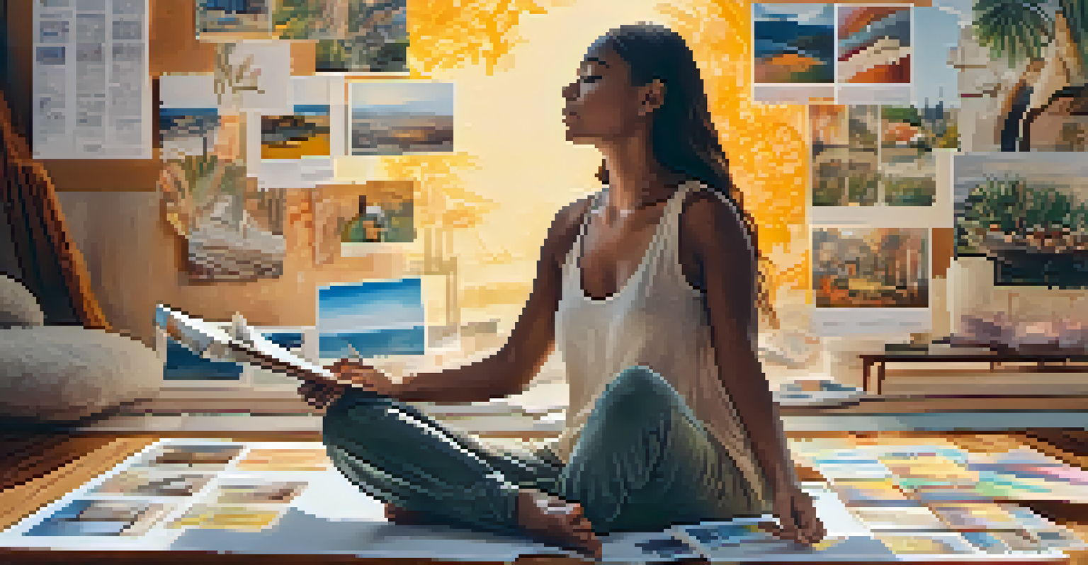 A person meditating in front of a vision board filled with images, surrounded by warm golden light, creating a peaceful scene.