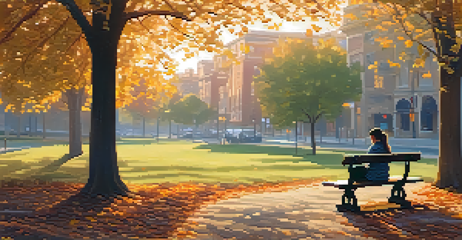 A person sitting on a park bench under a tree, writing in a journal during sunset, surrounded by colorful leaves.