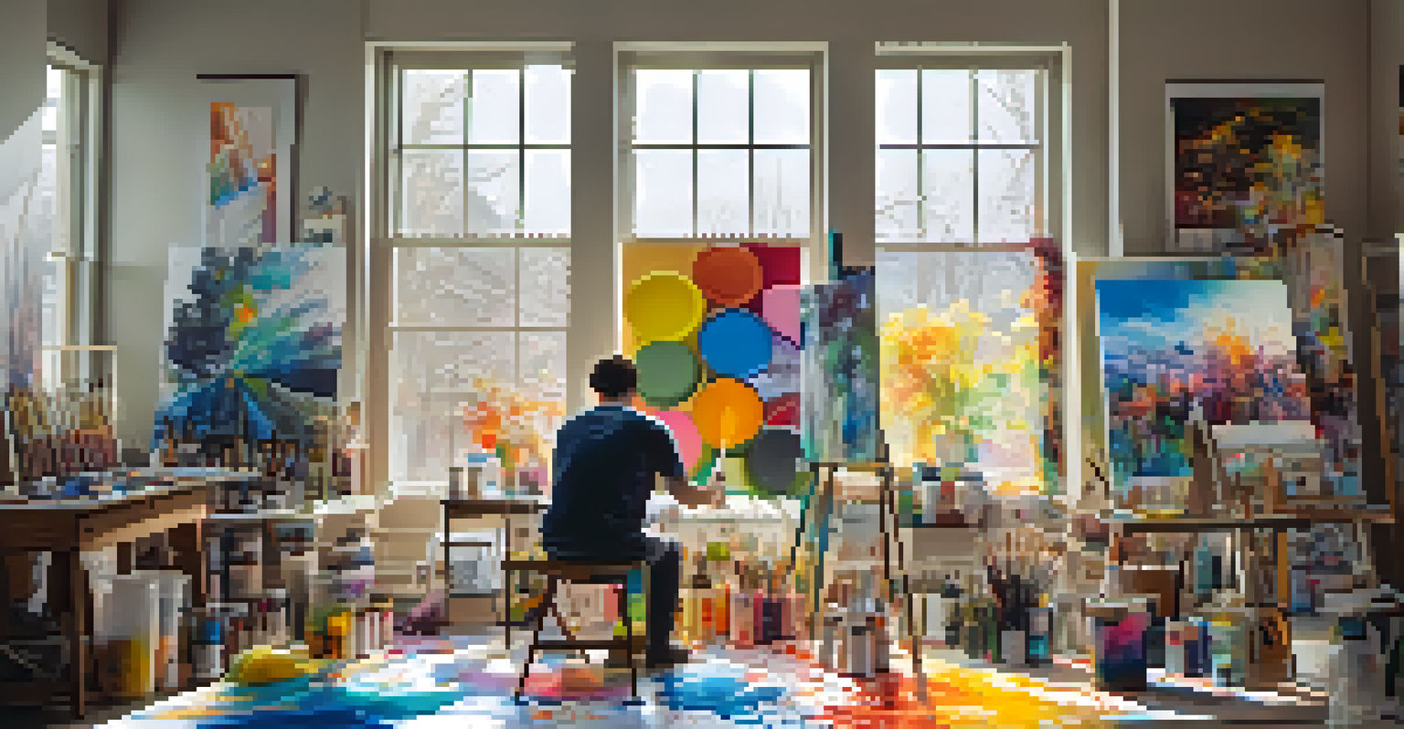 An artist painting in a vibrant studio filled with colorful paintings and art supplies.