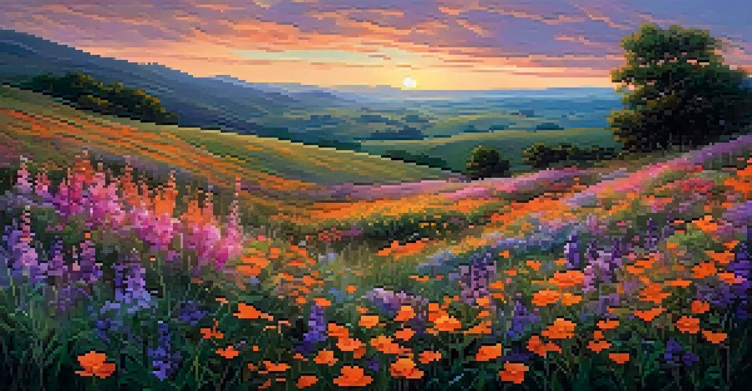 A field of colorful wildflowers with rolling hills and a beautiful sunset sky.