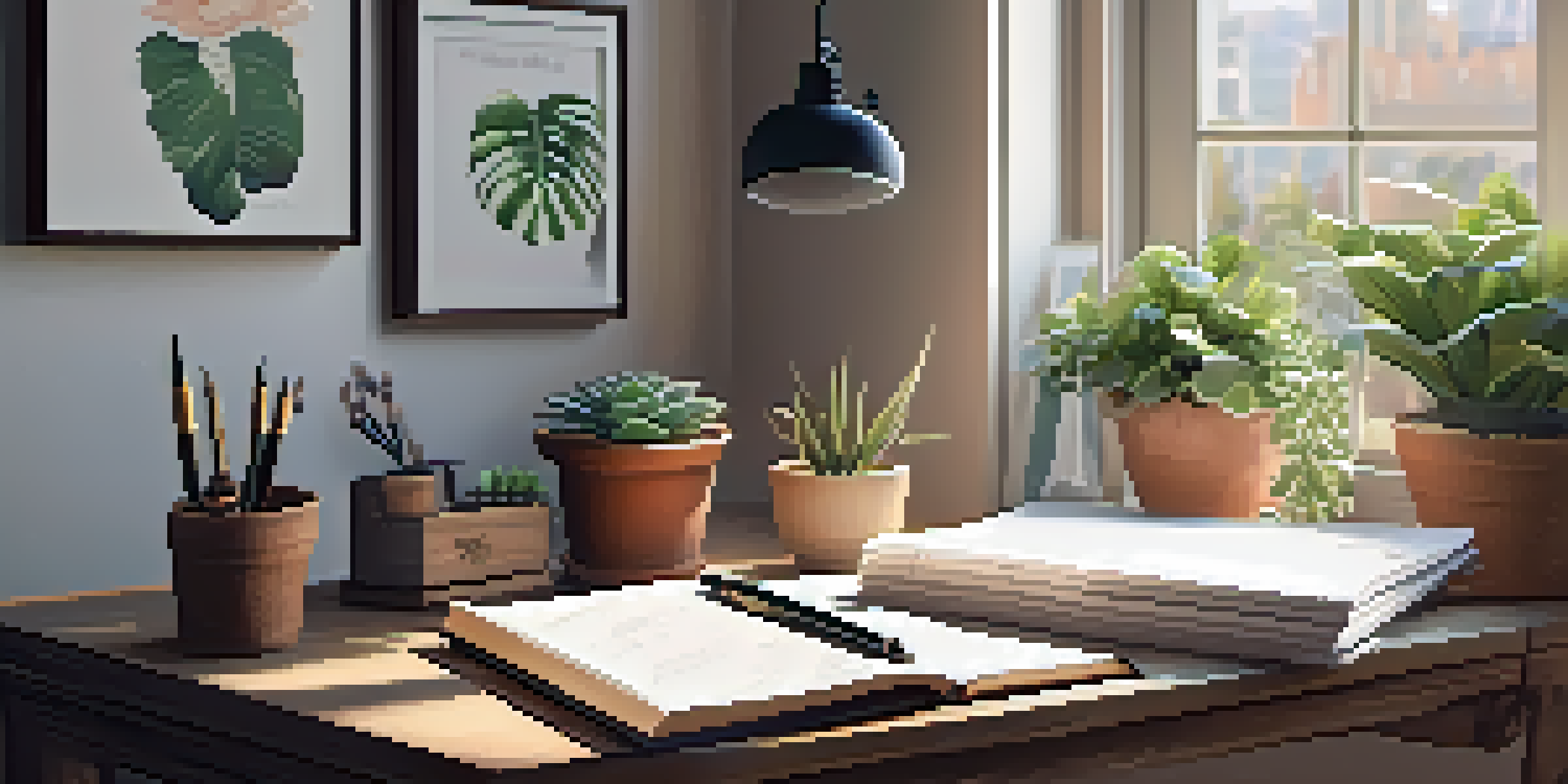 A wooden desk with an open notebook and a fountain pen, illuminated by natural light, surrounded by potted plants and an inspirational vision board on the wall.