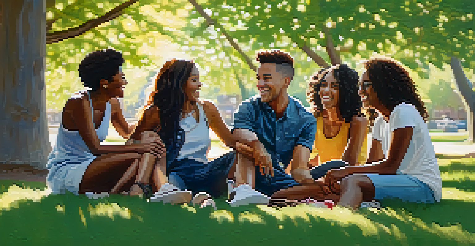 A group of friends having a joyful conversation in a sunny park, surrounded by blooming flowers and green trees.