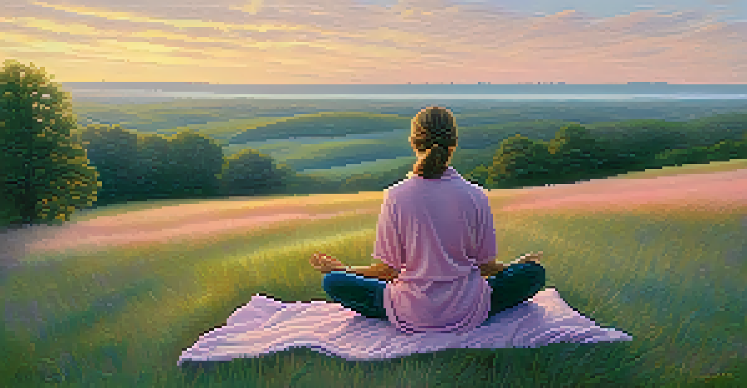A person meditating on a grassy hill at sunrise, surrounded by soft pastel colors in the sky.