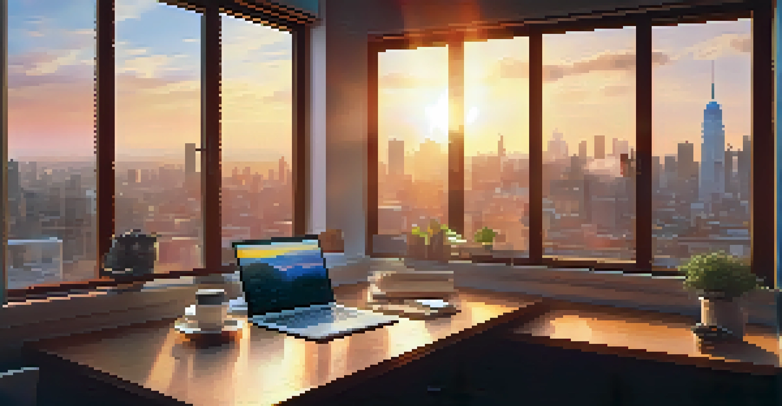 A workspace with a notebook, coffee, and a laptop, overlooking a city skyline at sunrise.