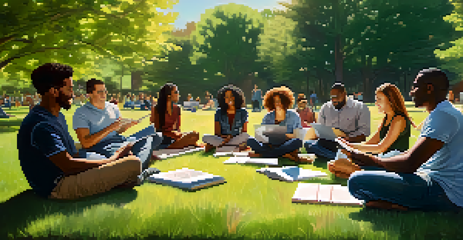 A diverse group of people in a park engaged in a brainstorming session, sitting on the grass with notebooks and laptops, surrounded by trees and flowers, showcasing collaboration and support.