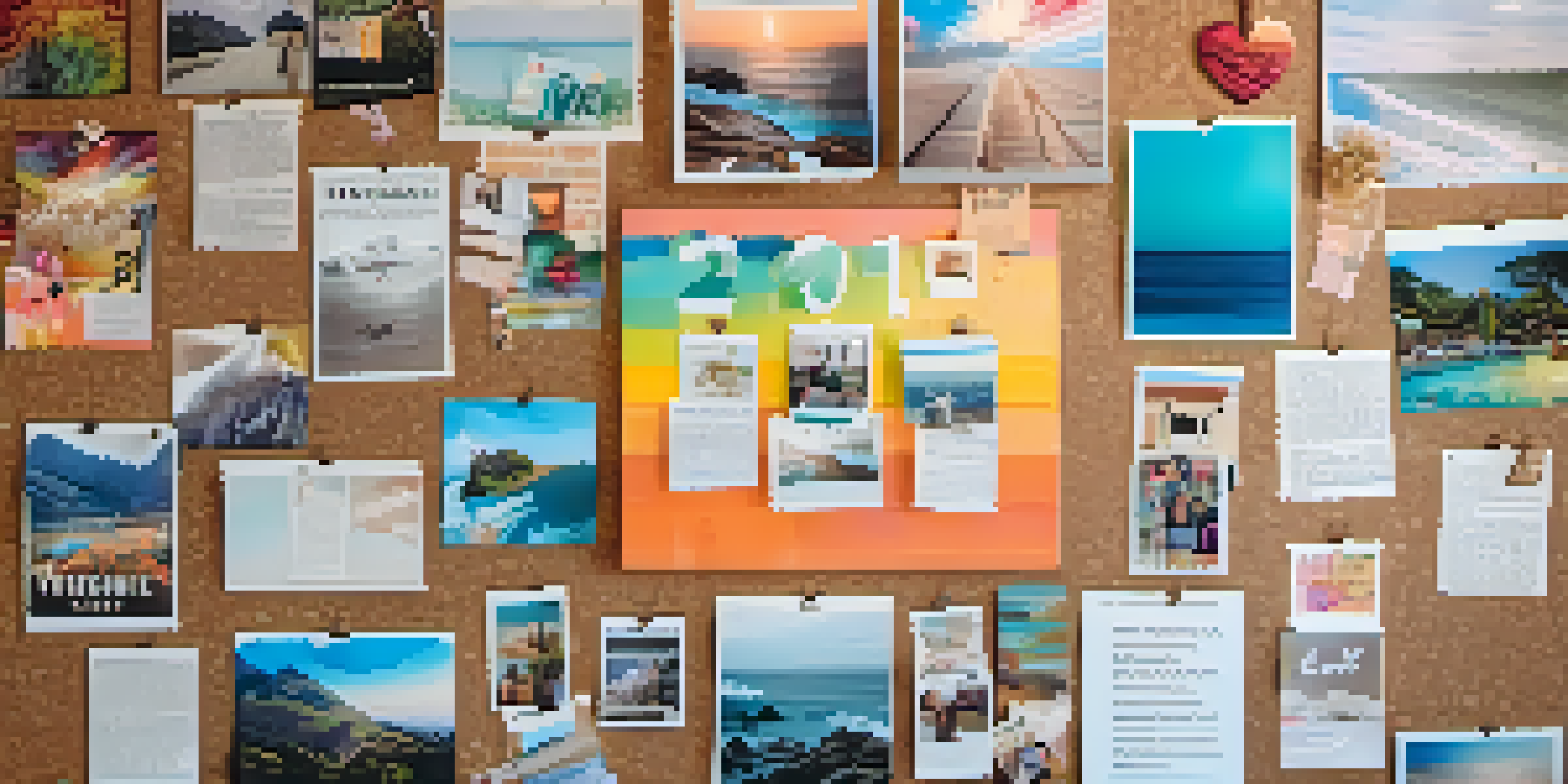 A vision board featuring various images and quotes representing goals and dreams, displayed on a corkboard with warm lighting.