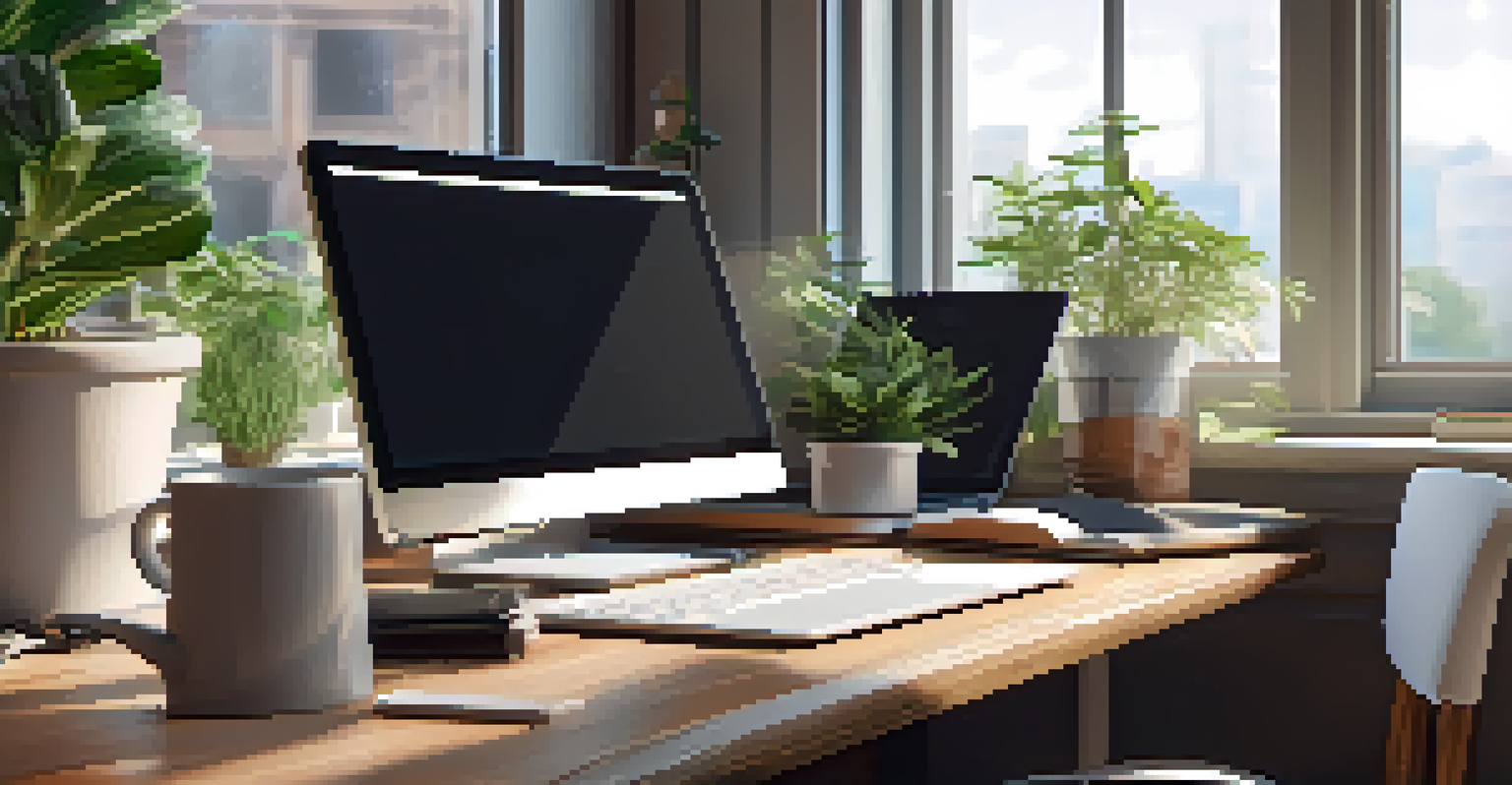 A cozy workspace with a laptop, notebooks, coffee, and a plant, illuminated by natural light.