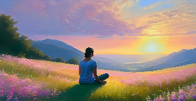 A person meditating on a hilltop during sunset, surrounded by wildflowers and a colorful sky.