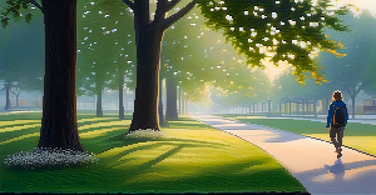 A person practicing mindful walking in a park, surrounded by blooming flowers and soft morning light.