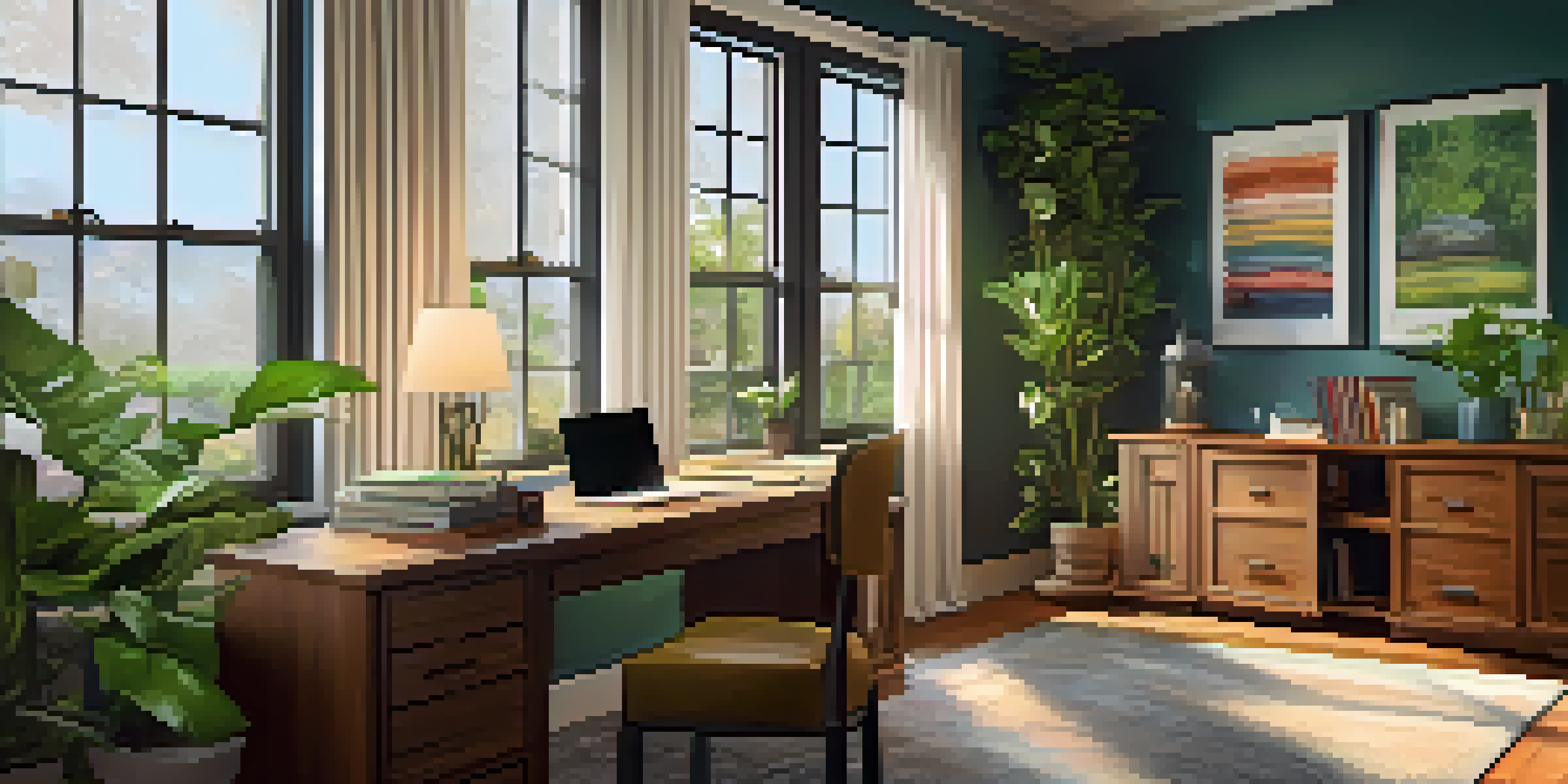 A warm and inviting home office space with a desk, laptop, books, coffee, and plants, illuminated by natural light.