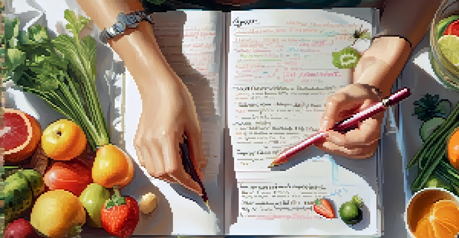 A close-up of a hand writing in a food diary with fruits and vegetables surrounding the page, and a cup of herbal tea in the corner.