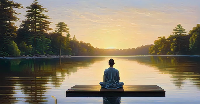 A person meditating on a dock by a lake at sunrise, surrounded by trees.